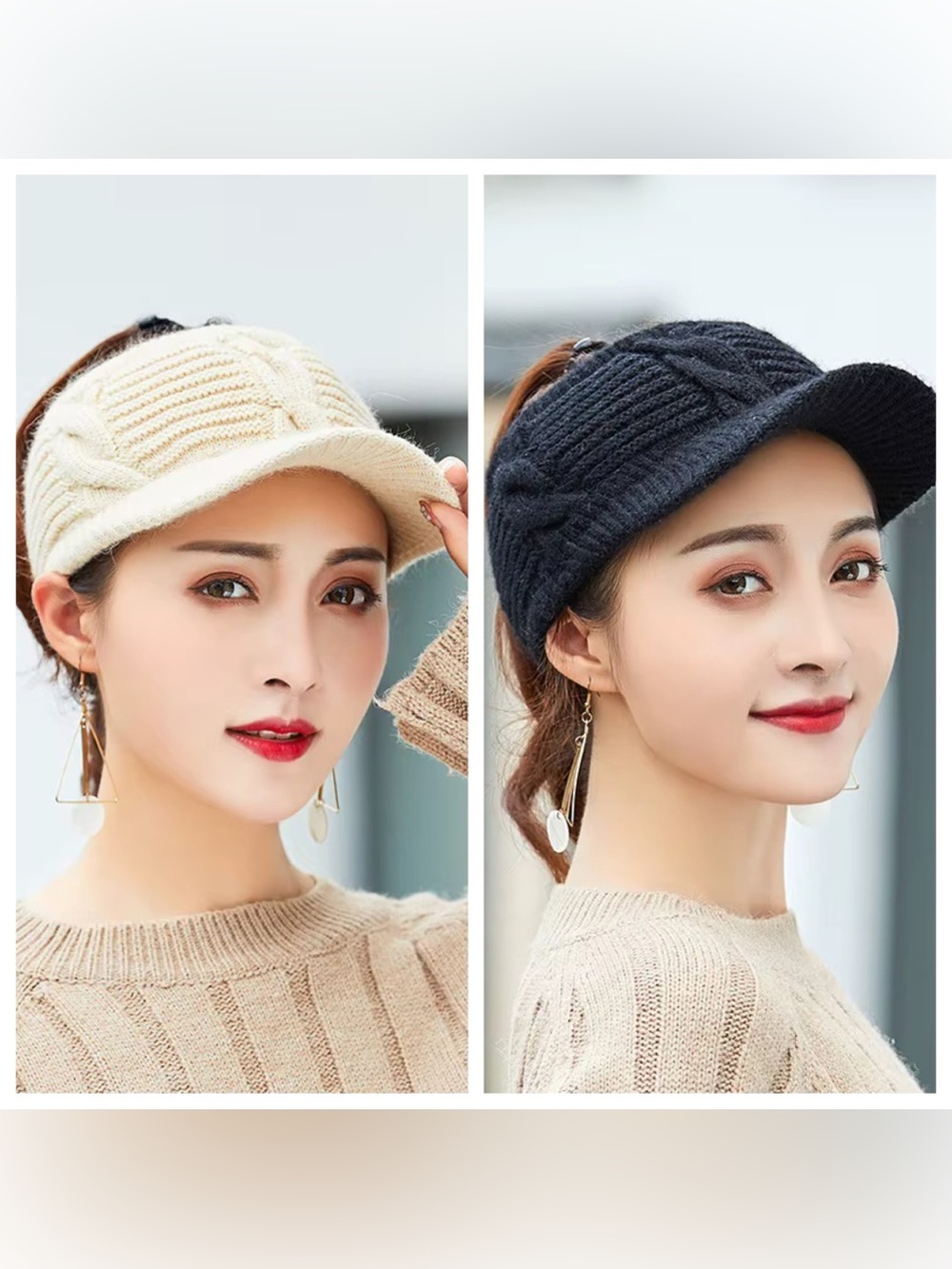 Winter/Fall Cable Knit Ponytail Open Back Hat Plush Lined - Cream or Black
